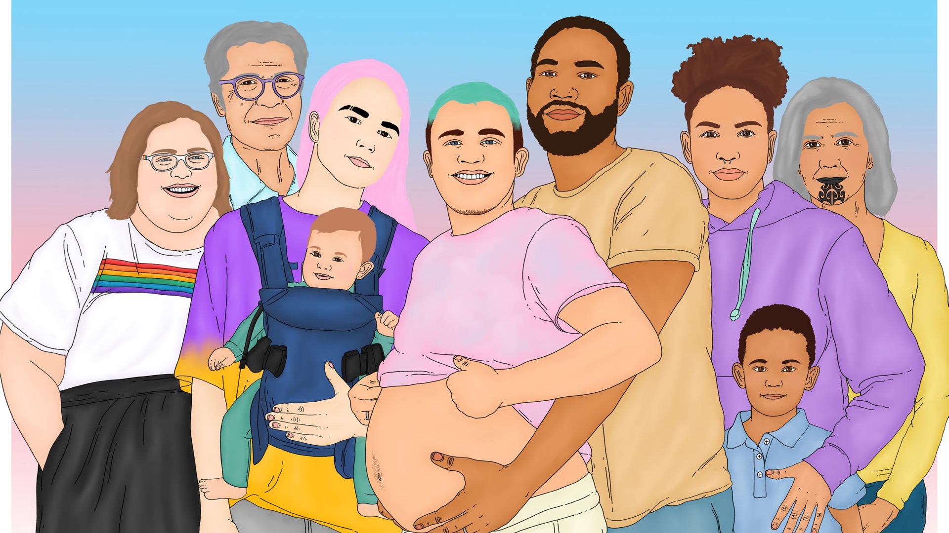 Colour drawing of trans and non-binary families. Including a pregnant couple and those with babies or small children. Source: Otago Poytechnic.